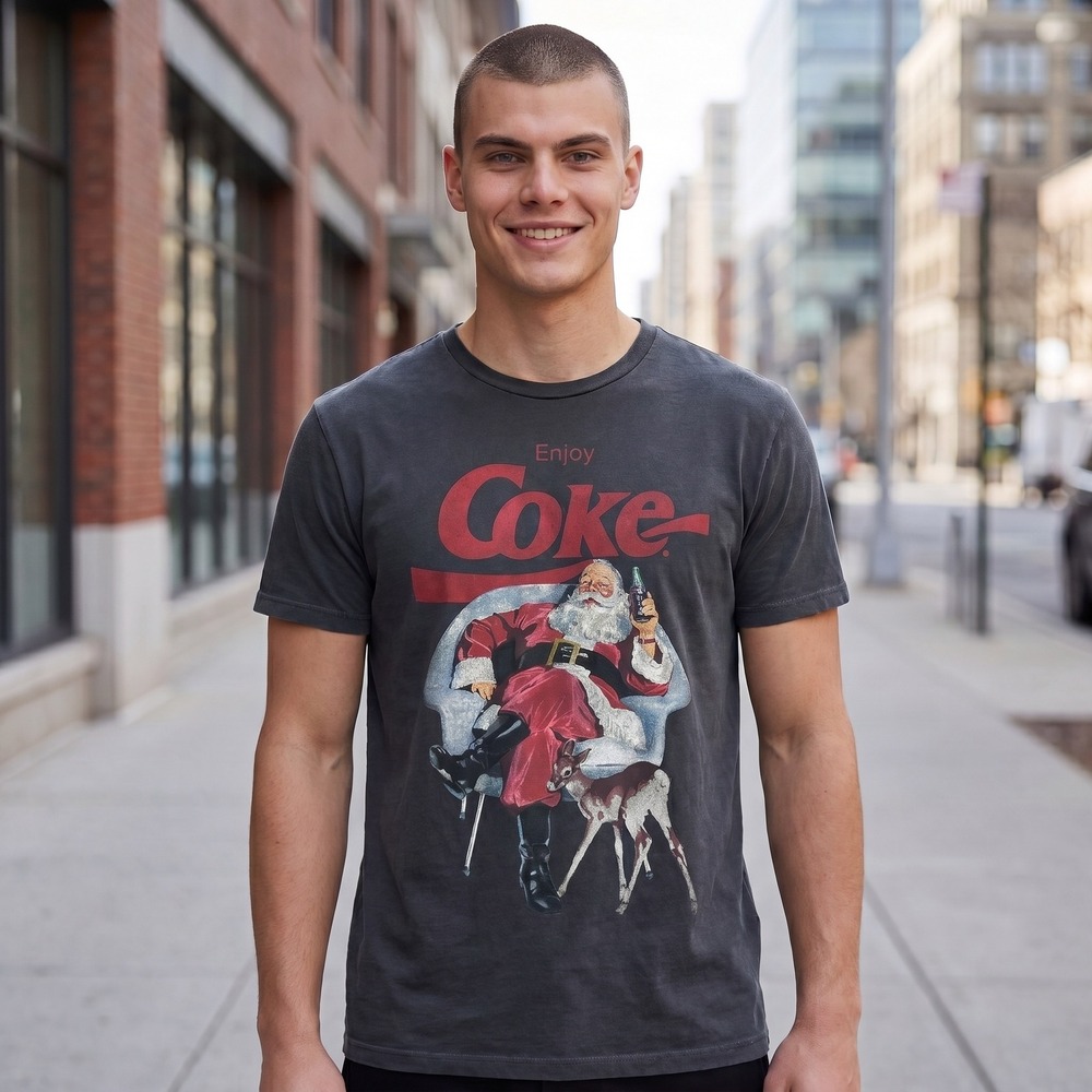 NEW Lucky Brand Coca-Cola Santa Claus Christmas T-Shirt Washed Black Mens SMALL